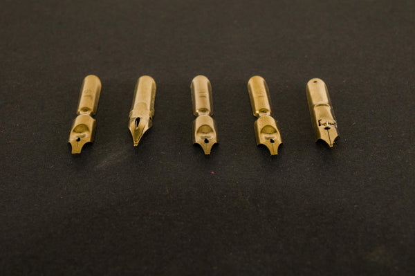 A range of differing styles of fountain pen nibs