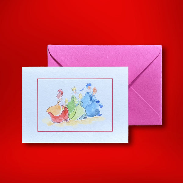 These landscape folded christmas cards show a watercolour of the 3 kings and come with hot pink envelopes