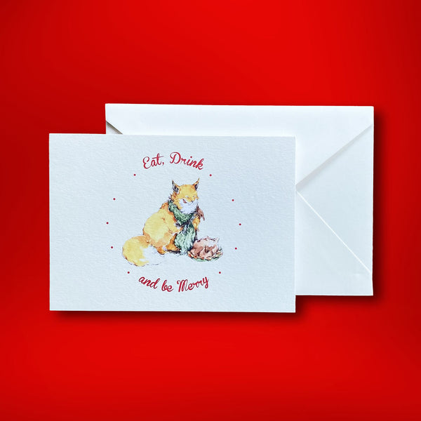 A wonderful watercolour of an overweight fox feasting on his christmas catch. The cards are folded and landscape and come with white envelopes.