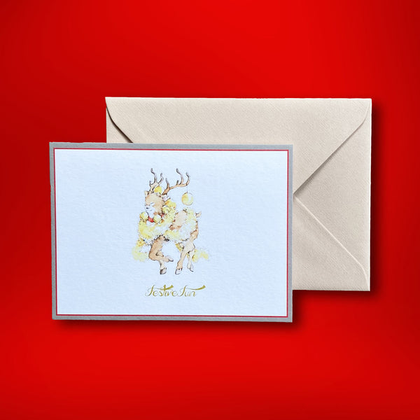 the same watercolour painted onto a folded landscape card, is also shown as a portrait folded card and is sold in packs of 6 with stone envelopes in our branded boxes